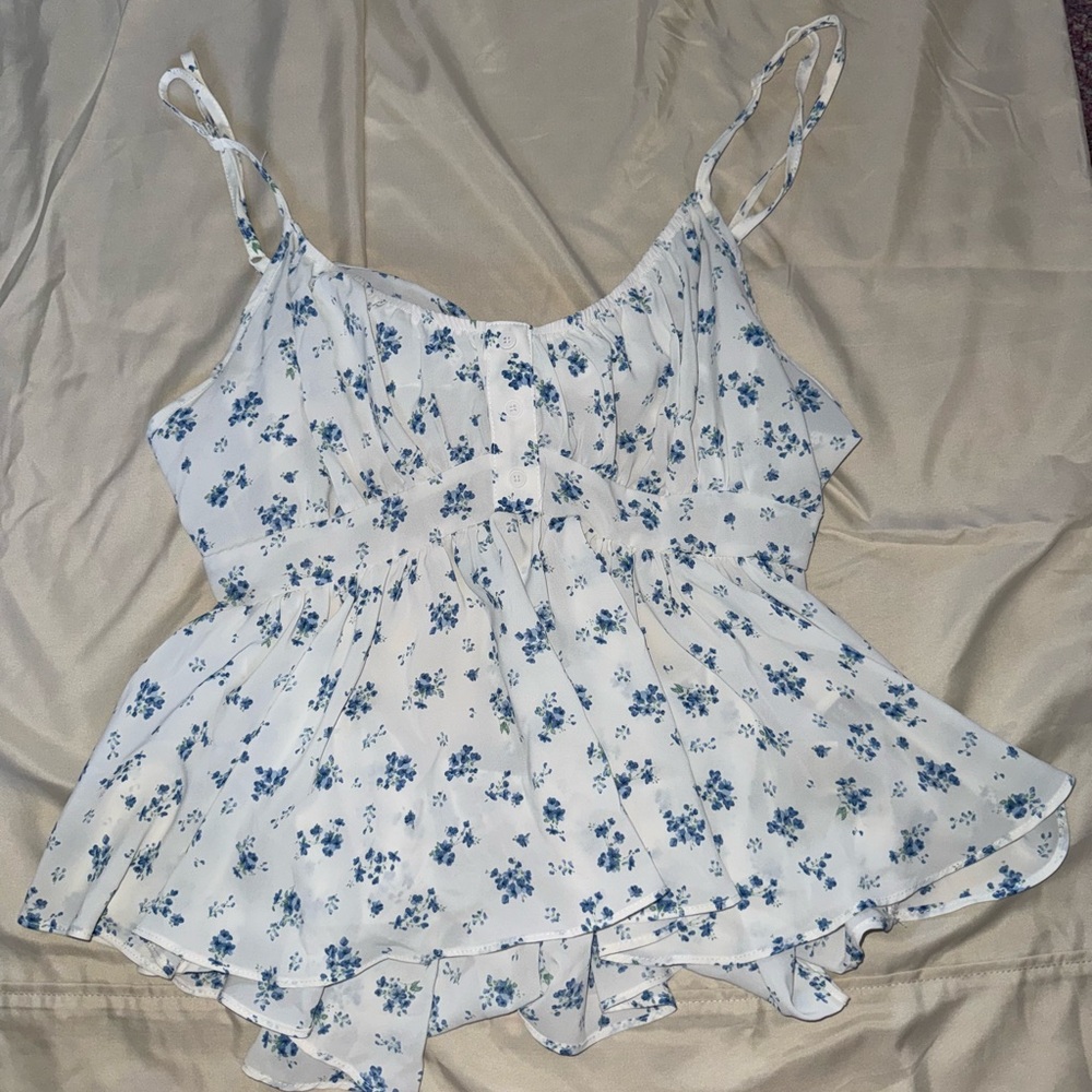 SHEIN White and Blue Floral Crop Top